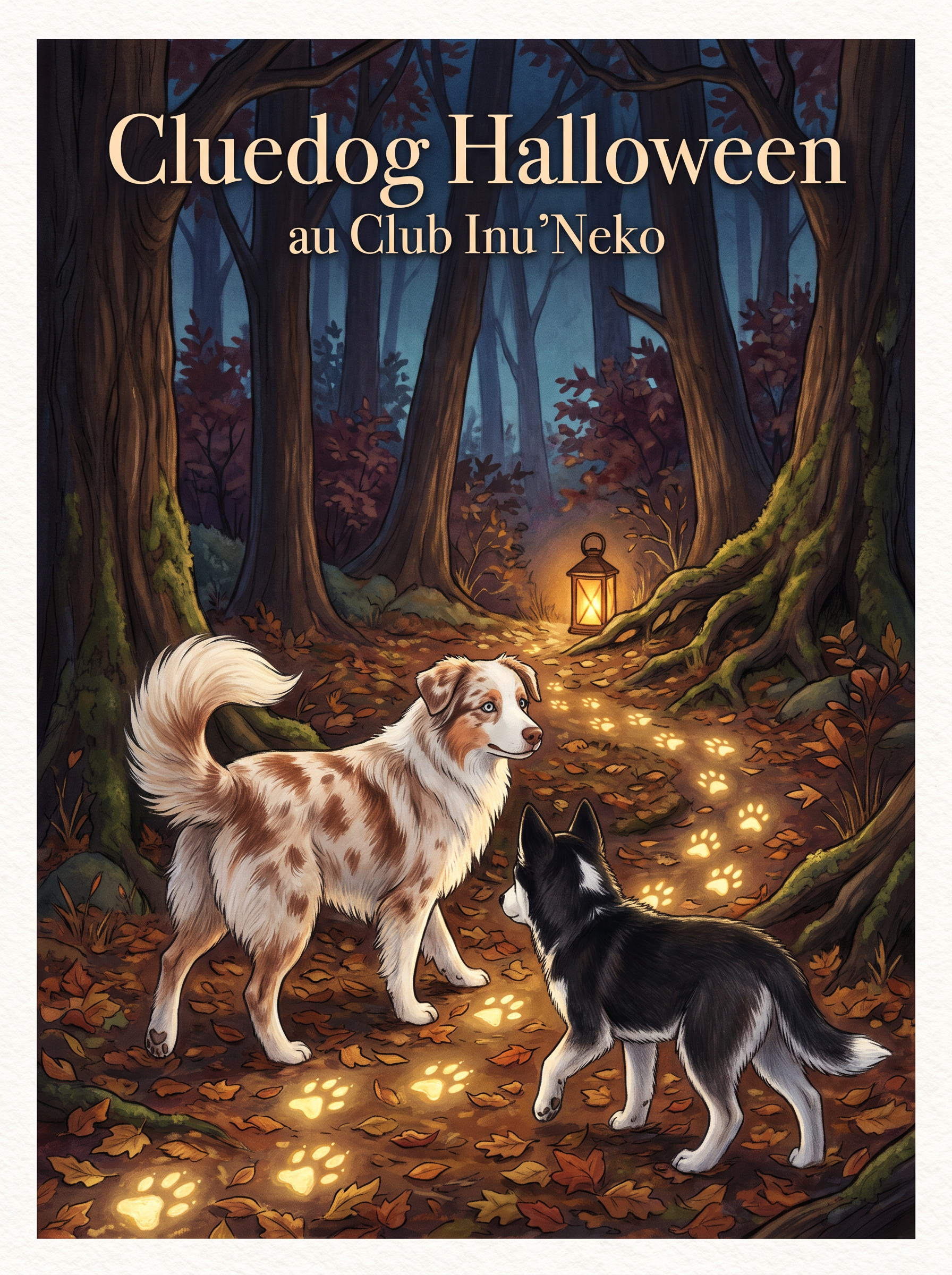 Affiche illustrée du Cluedog Halloween au Club Inu’Neko : Tsuky et un jeune husky suivent une piste lumineuse dans une forêt automnale.